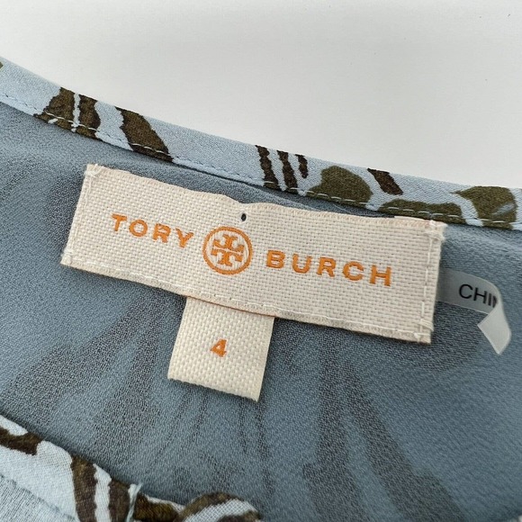 Tory Burch 100% Silk Wallpaper Floral Keyhole Frill Blouse Top Blue Size 4 - Picture 8 of 13